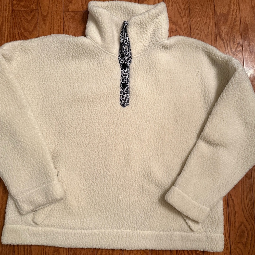 J.Crew Polartec  Vintage Sherpa Fleece Leopard Trim Collar 2XL Cream